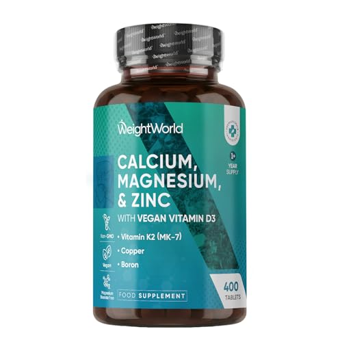 Calcium, Magnesium and Zinc with Vitamin D3, K2 and More - 400 Vegan Tablets (+1 Year) - Vitamin & Mineral Complex, Gluten Free, Lactose Free