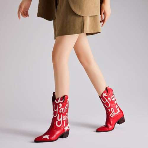 Image of Metallic Cowboy boots for Women Embroidered Mid Calf Womens Cowgirl Boots Western Pointed Toe Chunky Heel