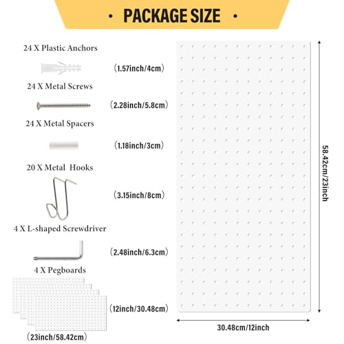 Image of DEWEL Peg Board, 23 inch x 12 inch Metal Pegboard Panels, 4 Pack Metal PegBoard Organizer with Accessories, Wall Organizer Peg Board for Garage and Garden Tool Storage, Includes Installation kit(4pcs white)
