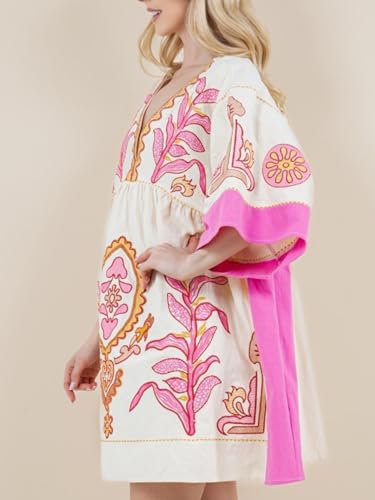 Image of Joiemont Womens Oversized Embroidered Dress with V-Neck and 3 /4 Sleeves Vintage Embroidery Babydoll Dress