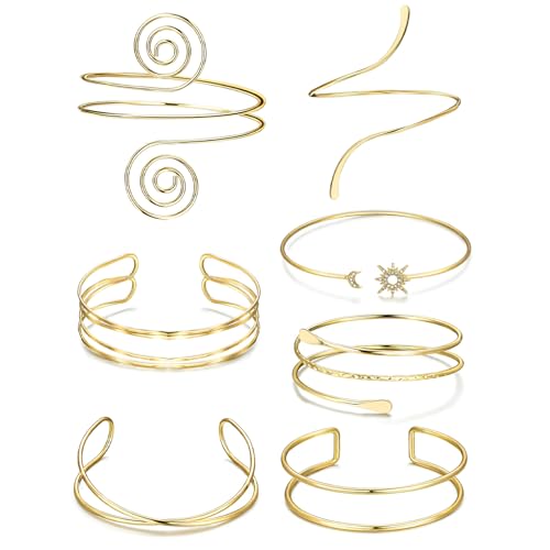 TELAIN 7 Stück Gold Armreif Oberarmreif für Damen Einstellbare Armreifen aus Hochwertigem Metall Boho Stil Goldene Armreifen Perfekt für Partys und AlltagStil 4