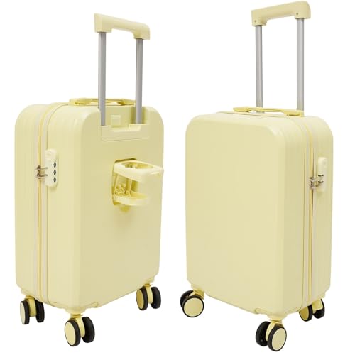 Carry On Luggage with Cup Holder and USB Port, Rolling Carry On Luggage, Hard Shell Suitcases with Spinner Wheels, Carry On Travel Suitcase with Lock (Yellow, 20 Inch)