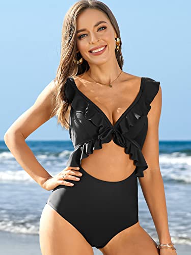 Sociala Womens Ruffle Cut Out One Piece Swimsuits Strappy Monokinis Swimwear Bathing Suits Small Black #TOP4