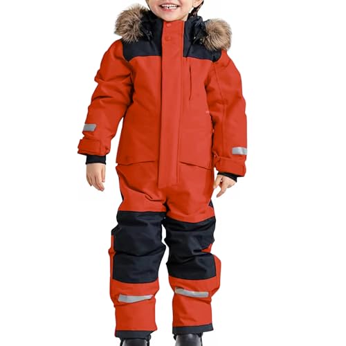 Foto von L SERVER Kinder Skianzug Jungen mit Kapuze Winddichte Wasserdichte Schneeoverall Mädchen Warmer Schneeanzug Dickere Skioverall mit Reflektierenden Streifen, Orange, 152-158