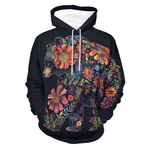Sweat à capuche homme femme hoodie ours fleurs colorées pullover S