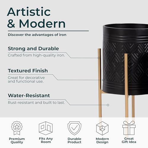 Sagebrook Home Set of 2 Black Metal Planters with Gold Stands Modern Decorative Indoor & Outdoor Plant Pots Tall Flower Pots for Home & Garden Stylish Mid-Century Design, Durable & Elegant 23" & 19"