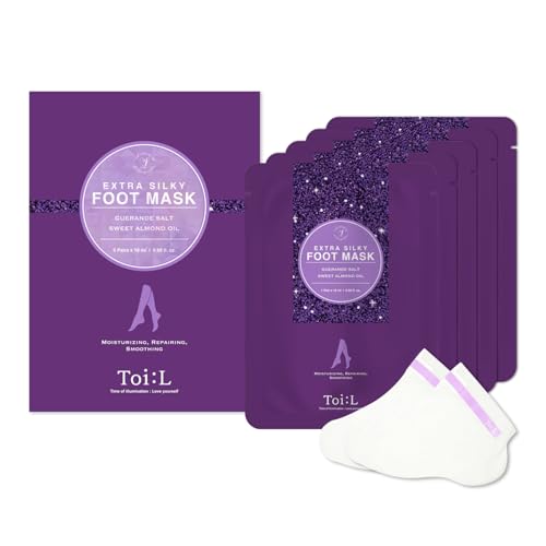 Toi:L Extra Silky Foot Mask 5 Pairs, Post-Peeling Foot Care Treatment, Moisturizing Socks with Guerande Salt & Sweet Almond Oil for Dry Feet, Cracked Heels, and Callus