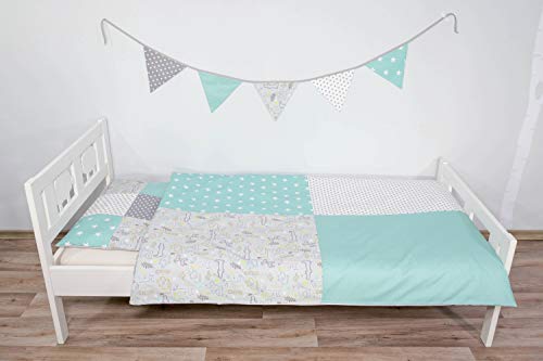 junto de ropa de cama para niño de ULLENBOOM ® safari menta (juego de 2 piezas: funda de almohada unicolor con lunares y funda nórdica)