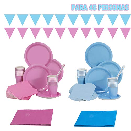 Juego de vajilla completo de 312 piezas para 48 personas, azul y rosa,para Fiesta de Cumpleaños,incluye platos grandes?plato pequeñas, vasos, servilletas, pajitas, banderines colgantes, 1 juego,