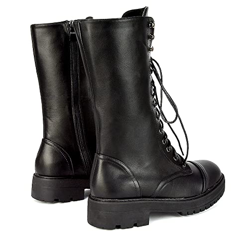 ESSEX GLAM Womens Lace Up Boots Mid Calf Ankle High Ladies Black Synthetic Leather Combat Biker Shoes - Image 6