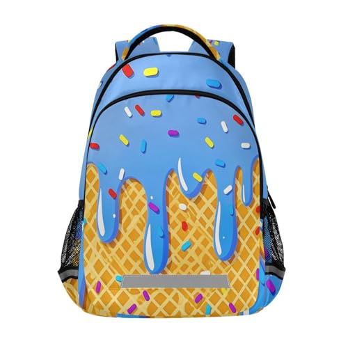 Image of Ice Cream Blue Backpacks with Chest Strap,Lightweight Bookbags 17 Inch,Summer Cute Casual Daypack Bags