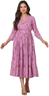 Women's Floral Print Dress, Rayon Long Sleeve, V-Neck, Fit and Flare Style, Midi Length KJ1 Price In India