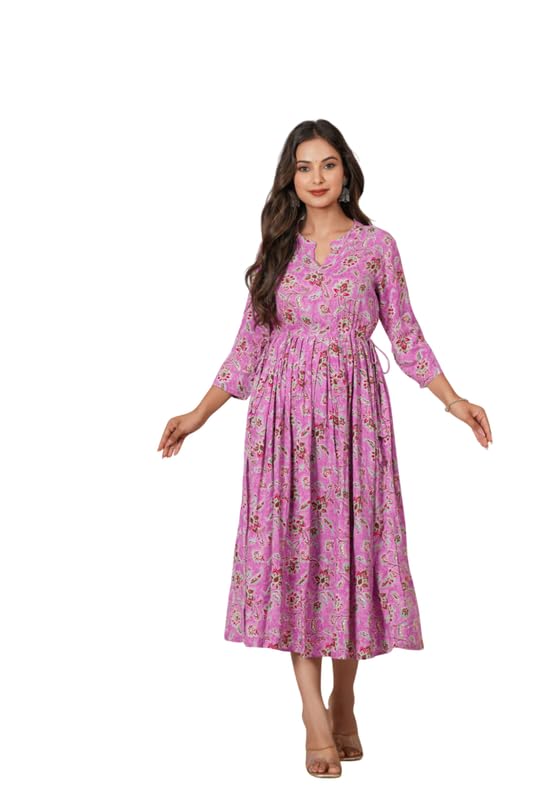 Women's Floral Print Dress, Rayon Long Sleeve, V-Neck, Fit and Flare Style, Midi Length KJ1-picture-35