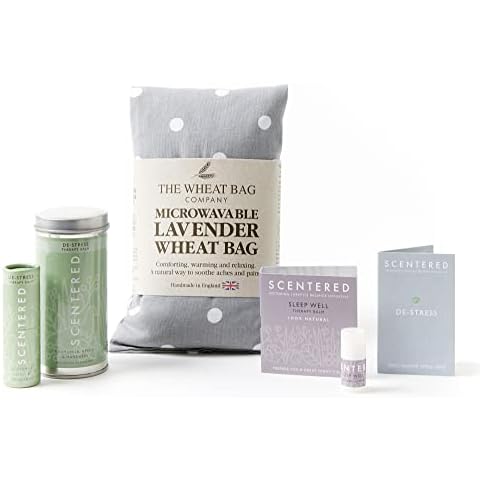 Scentered DE-Stress Balm & Lavender Wheat Bags Microwavable Neck and Shoulder Pain Relief - Relaxation Gift Set - Wheat Bag & Aromatherapy Essential Oils Balm - Muscle Aches & Pains, Back Pain Relief Cover