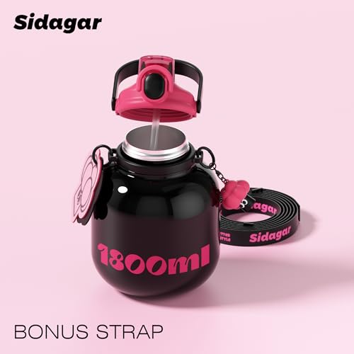 Sidagar 60 oz Big Gallon Water Bottle with Straw and Carry Handle, Black Wide Mouth Vacuum Water Jug, Insulated Stainless Steel Bottles; Heavy-Duty Aesthetic Yoga Flask for Women, Sweet & Cool Black