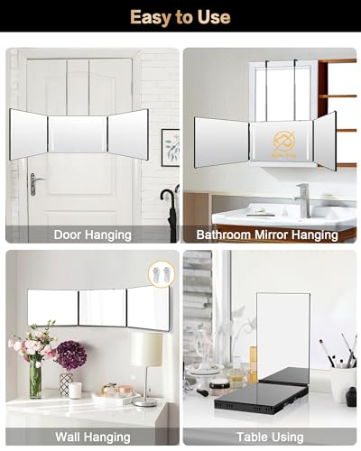 JUSRON 3 Way Mirror with Lights, 360° for Self Hair Cut, Adjustable Height & Rechargeable Barber Trifold Mirrors&LED Makeup Mirror, DIY Haircut Tool is Good Gift for Men/Women(With LED) - Image 7