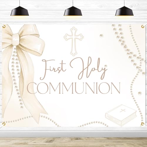 Bow and Pearls Holy Communion Decorations - First Holy Communion Backdrop with Bow and Pearls - Coquette Communion/Christening/Baptism/Confirmation Party Background, 7 * 5Ft