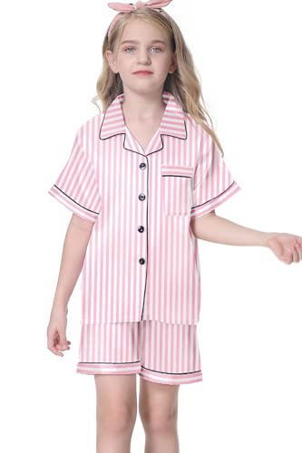 Image of Umeyda Women & Girls Pajamas Set, Soft Satin Lightweight Silk Button-Down Top with Shorts 2 Piece PJS for Mom Boys Kids Gifts