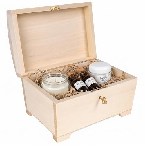 Creative Deco Large Boite a Bijoux en Bois | 20x14,5x11,7cm | Boite de Rangement Verrouillable avec Clé | Plain, Non-Peint et Non-Fini | Boîte Coffre Caisse...