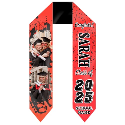Personalized Graduation Stoles with Picture Text Grad Name and School Name Two-Sided, Stole Class of 2025