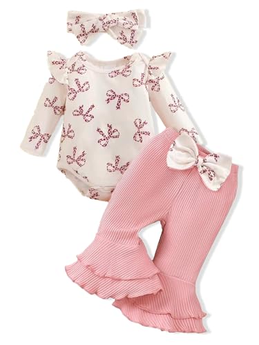 12-18 Months Baby Girl Clothes Fall Winter Outfits Long Sleeves Charming Bow Outfit for Infants Cozy Newborn Girl Clothing Romper Flared Pants & Fashion Headband Breathable Fabric 3pcs