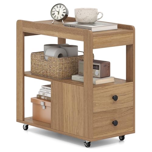COSTWAY Mesa Auxiliar Estrecha con 2 Cajones y Estantes Abiertos, Mesa Lateral con Ruedas Universales Bloqueables, Mesilla de Noche Salon Sofa Dormitorio, 65 x 30 x 62 cm (Natural)