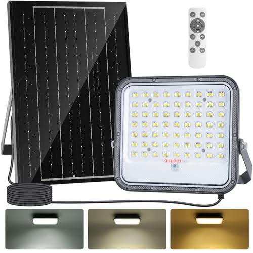 Aigostar- Faro led esterno con grande pannello solare,dimmerabile 3000/4000/6500K,8000mAH,Batteria di grande capacità,Funzione crepuscolare,Faretto led da esterno solare con telecomando per esterno