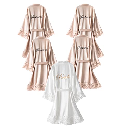 5 Pcs Women's Lace Trim Kimono Robes Bride Bridesmaid Silky Satin Bathrobe with Embroidered Wedding Party Sleepwear