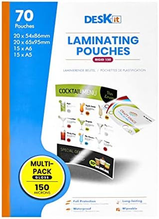 Deskit A5 A6 and Small Sizes Laminating Pouches, Glossy, 150 Microns, Multipack of 70 - Clear and Durable Presentations - Ideal for Small Projects at Home, Office or Events
