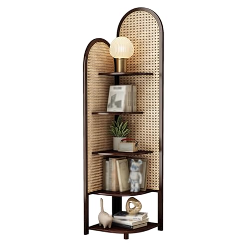 Estante esquinero de 5 niveles, organizador de ratán con diseño de ventilador de 90°, pantalla independiente para dormitorio, sala de estar, oficina
