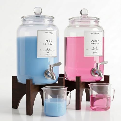 Glass Laundry Detergent Dispenser 108oz (2 Pack) with Stainless Steel Faucet & Solid Wood Stand - Liquid Soap & Fabric Softener Container for Laundry Room Organization & Storage