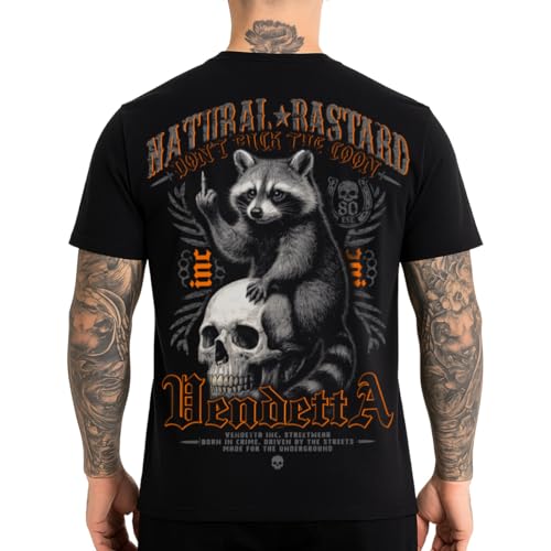 Vendetta Inc. Herren T-Shirt Skull Coon Schwarz | Waschbär & Skull | Streetwear | Baumwolle Shirt | S5XL (DE/NL/SE/PL Alphanumerisch XL Regular Regular Schwarz)