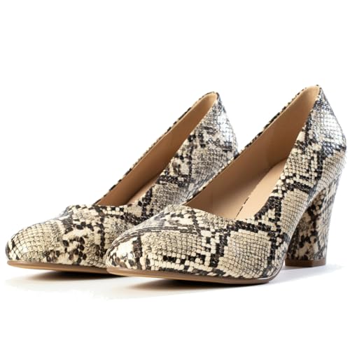 SHODENSE Women Vintage Chunky Kitten Heel Pumps Shoes Round Closed Toe Slip On Dress Sandals High Block Heels Formal Work Shoes Ladies Snakeksin Crocodile Suede Evening Party Shoe Retro 4-11 M US