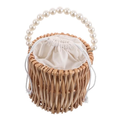 Ipetboom Handwoven Rattan Storage Basket with Romantic Pearl Handle for Beach Weddings Outdoor Events and Home Organization