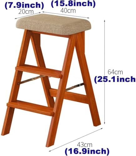 Wooden Folding Library Ladder Chair - Convertible Stool & Stepladder for Adults, Max Weight 100kg, Wine Red with Cushion, Portable Design & Flower Shelf Feature