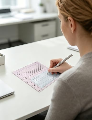 Image of Yarnic Checkbook Cover for Personal Checkbook Holder Polka Pink | Check book with Pen Holder and Built-in Clear Plastic Divider for Duplicate Checks