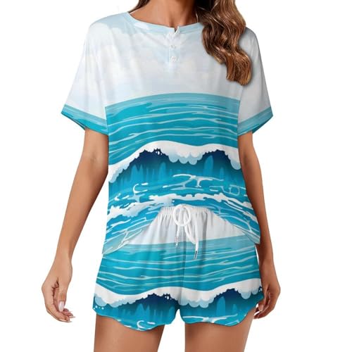 Ensemble de pyjama femme manches courtes Vague Bleue léger et fluide