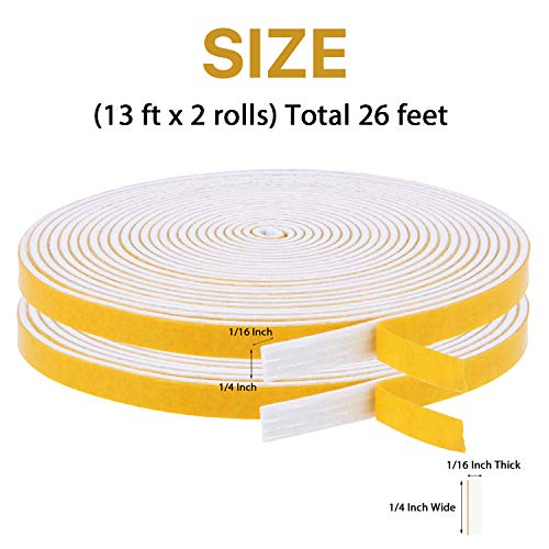 Futuwi Door Weather Stripping-2 Rolls, 1/4 Inch Wide X 1/16 Inch Thick Total 26 Feet Long, Adhesive Foam Seal Tapes For Windows And Doors(13Ft X 2 Rolls) #TOP1
