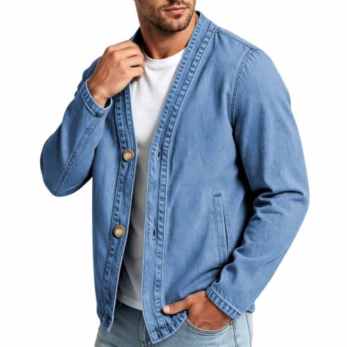 fartey Denim Cardigan Men V Neck Button Up Jacket Fashion Long Sleeve Coat - image 3