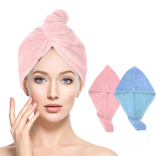 Houldhowd Microfiber Hair Towel, 2 Pack Coral Velvet Quick Drying Bandana, Anti Frizz Hair Towel Microfiber Hair Towels for Women (Large Blue, Pink)