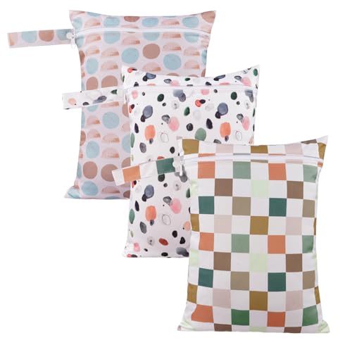 Happy Flute 3 Set Wet Bag Storage Bag Zipper Waterproof Washable Travel Bags, Beach, Pool, Gym Bag for Cloth Diaper, Swimsuits & Wet Clothes for Baby,11.8x15.7inch(Lattice)