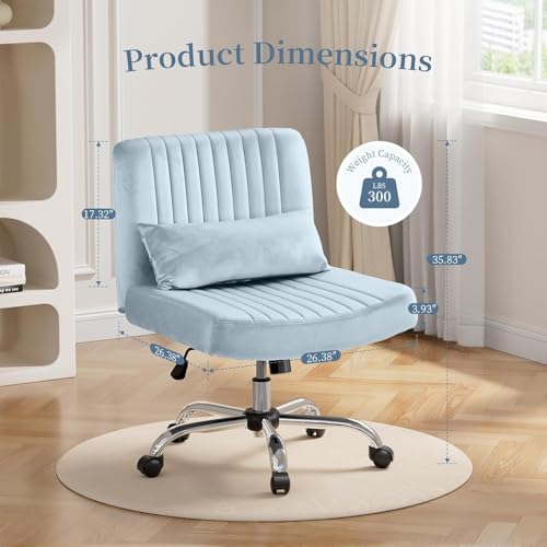 Image of Velvet Criss Cross Desk Chair with Wheels, Luxury Cross Legged Office Office, Swivel Wide Seat Vanity Chair, Armless Adjustable Height Gaming Chair Gift, Dusty (2, Light Blue)