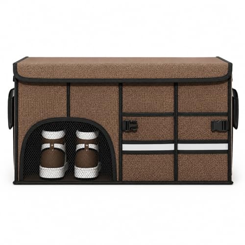 Image of Car Boot Organiser Heavy Duty with Lid – Foldable Trunk Storage Box, Collapsible Multi Pocket Car Organiser, Anti-Slip Base for Tools, Groceries, Camping & Travel Gear (Brown)