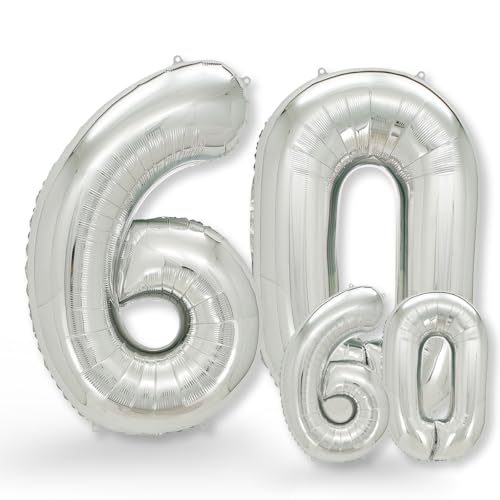 FUNXGO Globo Numero 60 Plateado -100cm + 40cm - Numero 60 Globo Cumpleaños años - Globo 60 Plateado - Número 60 Cumpleaños años Globo Plateado 60 gigante - Decoracion 60 Cumpleaños años