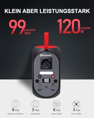 Bild 2 - ELECAENTA Tragbare Powerstation 99Wh LiFePO4-Akku 120W Solar Generatoren mit PD 30W/AC/DC Ausgabe Back-up-Akku für Reise Outdoor Camping und Notfälle