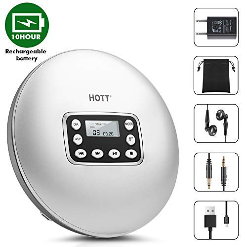 CD Player Portable,HOTT Latest Rechargeable Compact Walkman Personal CD Player with AUX Cable Headphone Electronic Skip Protection Anti-Shock Function for Kids/Adults with 10 Hours Playtimes (Silver)
