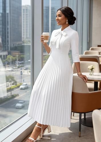 Image of FANDEE Maxi Dress for Women Formal 3 /4 Sleeve Pleated Empire Long Dress Semi Formal Tie Neck Office Work Dresses