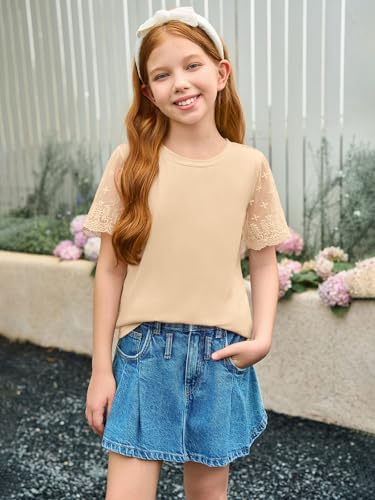 Image of Haloumoning Girls Lace Short Sleeve T Shirts Kids Summer Crewneck Tunic Tops Curved Hem 5-14 Years
