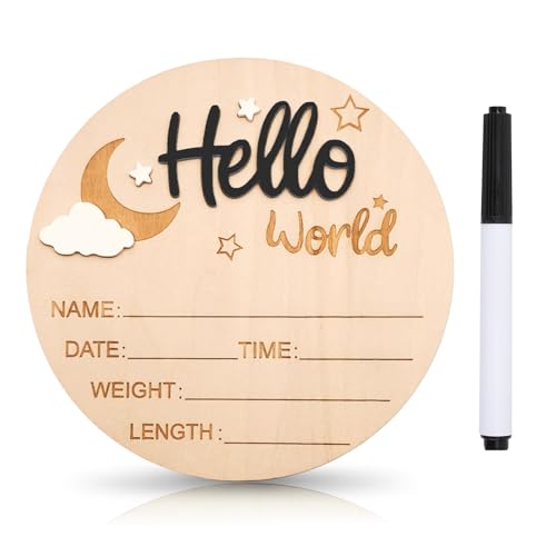 Image of Baby Announcement Sign, 5.9 Inch Wooden Hello World Newborn Signs, Birth Announcement Sign and Pen, Moon and White Cloud Decoration, Welcome Newborn Arrival to World, Hospital Nursery for baby (Black)