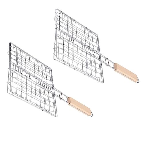 FONDOTIN 2Pcs Stainless Steel Barbecue Net Foldable Square Grill for Outdoor BBQ Durable Picnic Supplies with Wooden Handle Easy to Use and Practical for Evenly Grilled Food